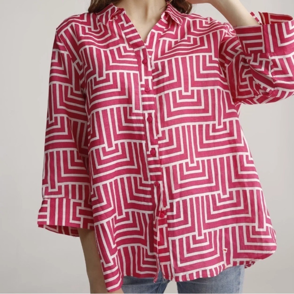 Chico’s Pink & White No-Iron Linen Enamel Maze Loop-Back Button zip Tunic Size 2